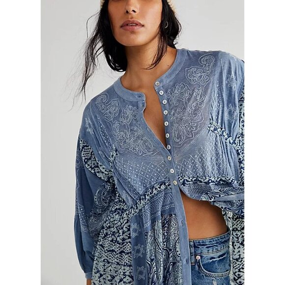 🎉FREE PEOPLE Oh My Maxi Top Cardi Dress Blouse Tunic / Indigo - Picture 3 of 10